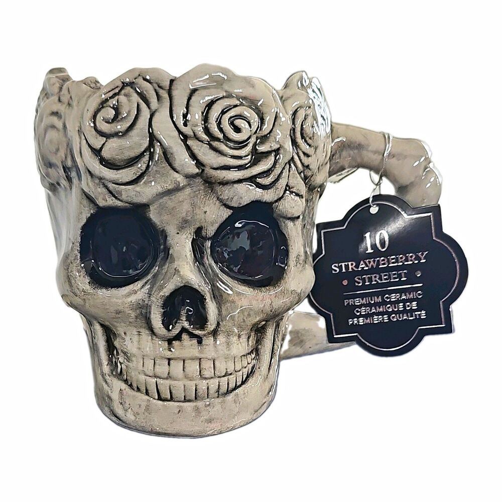 10 Strawberry Street Ceramic Skull Coffee Mug Gothic Halloween Gray Black 10oz